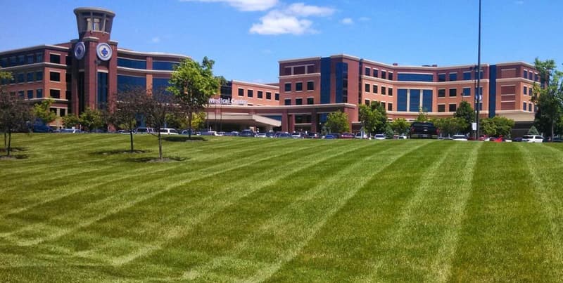 Striped lawn in front of large brick office building